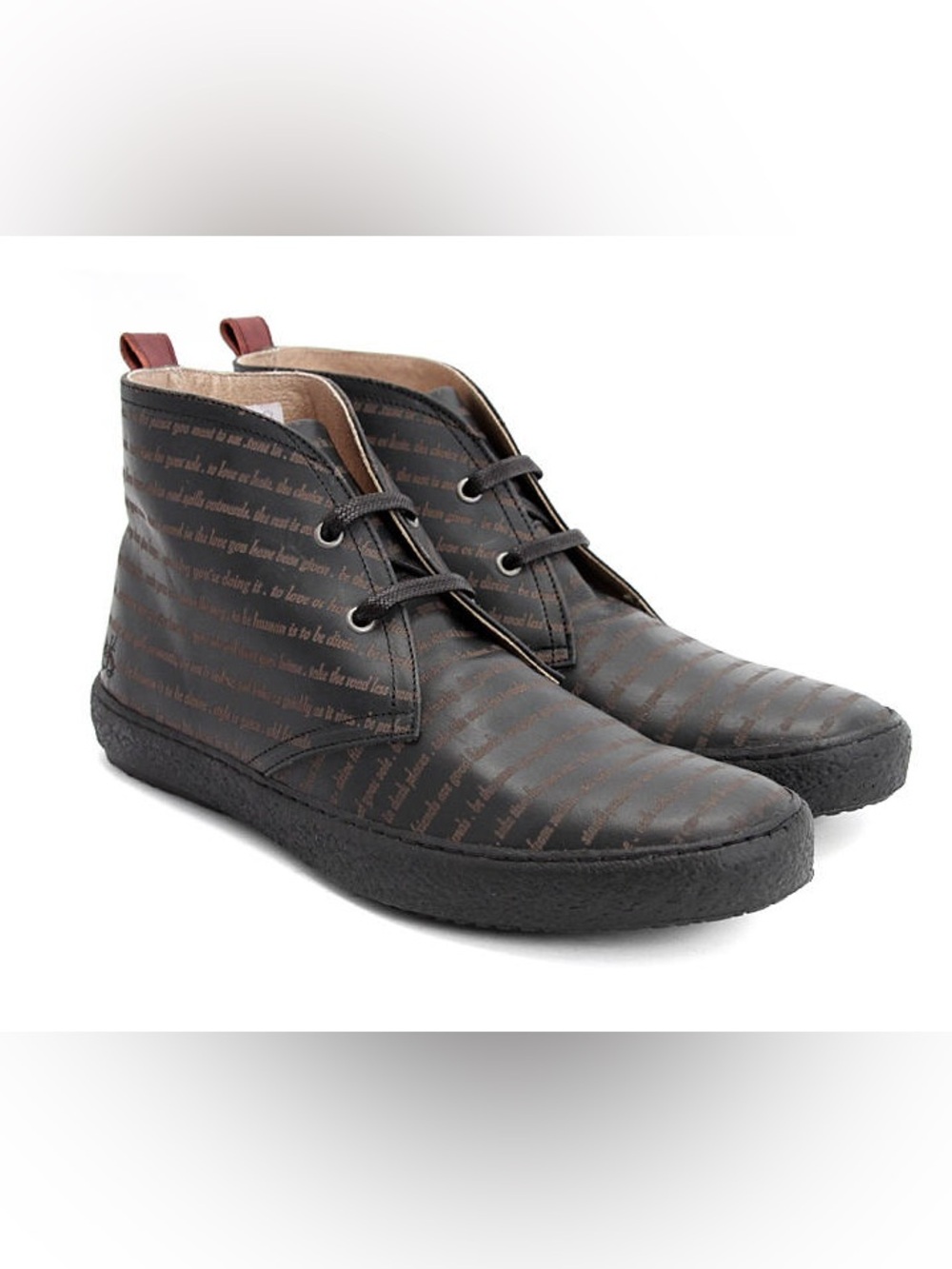 John Fluevog Bazz Chukka Boots Black Red Text Print Leather Lace Up Mens 13